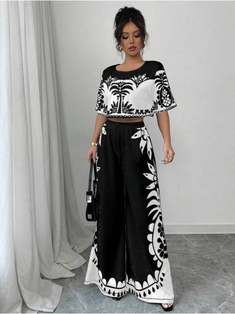 Black & White Wide-Leg  2-Piece Set